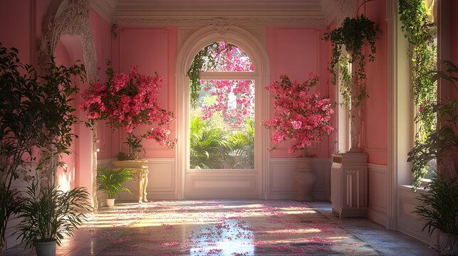Pink Palace Interior with Blooming Bougainvillea