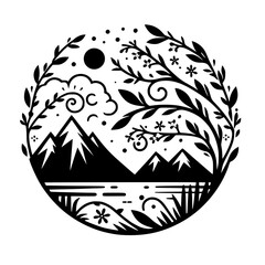 Serene Mountain Circle: Black and White Nature Illustration