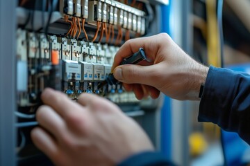 Electrician actively repairing a power distribution panel