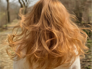 Naklejka premium Photo of Woman with Red Hair Viewed from the Back in a Forest Outdoors with Sunlight