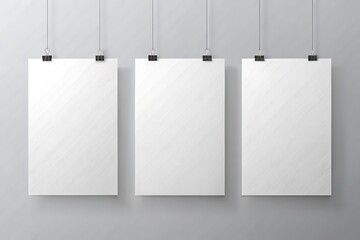 Three white papers hanging from a wire
