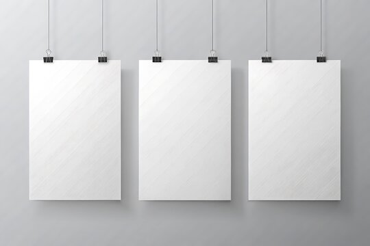 Three white papers hanging from a wire