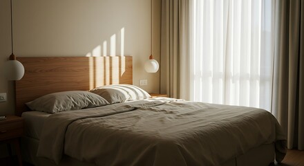 Cozy Bedroom Interior with Sunlight Streaming Through Curtains on Bed