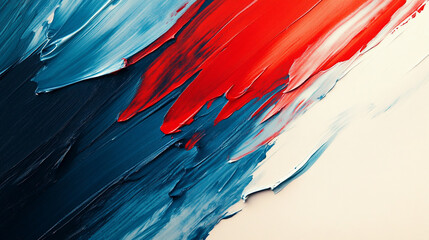 Abstract painting featuring bold brushstrokes in shades of red blue and white creating a dynamic texture.