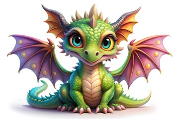 Fototapeta premium Green dragon with pink wings and a blue eye