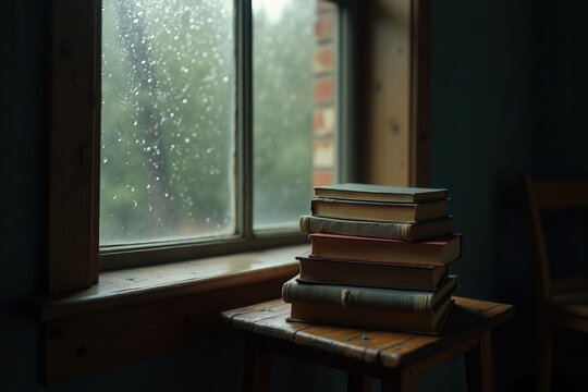 Stack of vintage books rainy window