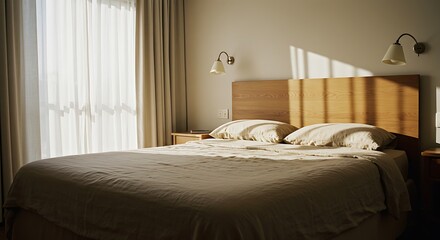 Bedroom Interior with Natural Light Streaming Across Bed and Wooden Headboard