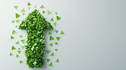 A stylized green arrow made of leaves and triangular shapes, symbolizing growth and sustainability against a light background.