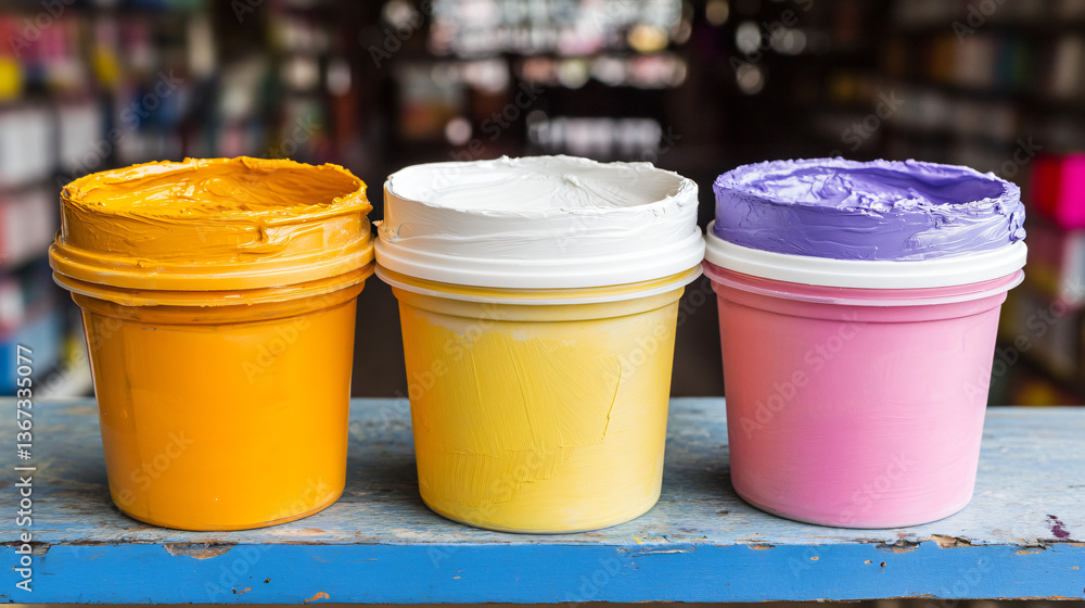 Poster three colorful cups displaying gel-blended colors in a soft light setting for an artistic and vibran