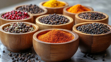 Assorted spices in wooden bowls.