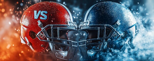 wide poster of hothead to head American football helmets challenge match advertisement banner with the VS versus concept with copyspace