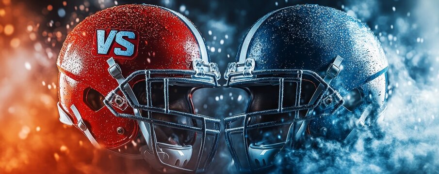 wide poster of hothead to head American football helmets challenge match advertisement banner with the VS  versus concept with copyspace