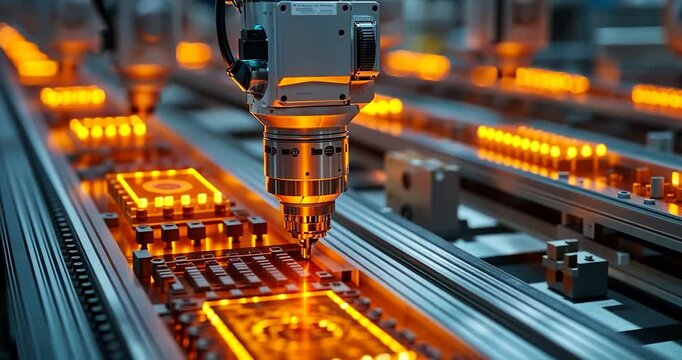 Automated robotic arm precisely processes illuminated components on a factory assembly line.