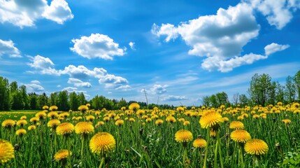 Fototapeta premium Serene Field Filled with Dandelions Against a Stunning Blue Sky Backdrop