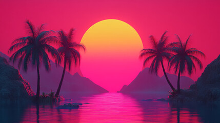 vibrant sunset over tranquil water scene with palm trees