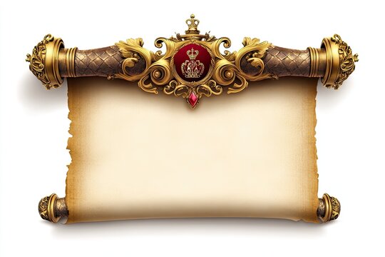 Royal parchment decree with golden edges and a king&rsquo;s emblem