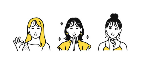 笑顔で喜ぶオシャレな若い女性3人のシンプルな人物アイコンセット