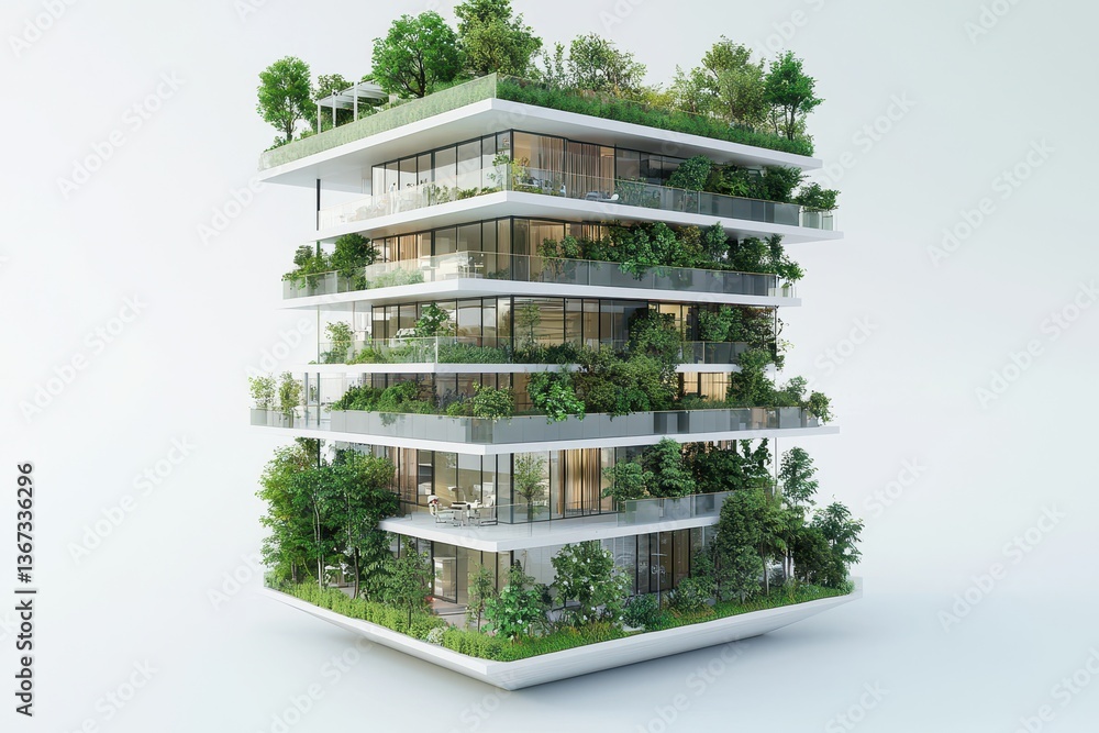 Poster a modern building with multiple tiers featuring lush greenery and balconies, blending architecture w