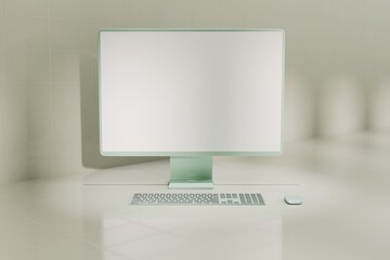 Mockup green desktop computer on light green tile floor. White blank screen for template material.