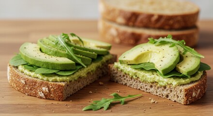 Open-faced avocado sandwiches with greens on whole wheat, wooden board, healthy food.