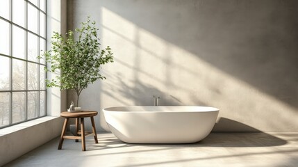 Minimalist 3D bathroom rendering featuring white bathtub on beige wall. Scandinavian style with wooden stool and plant in modern home.