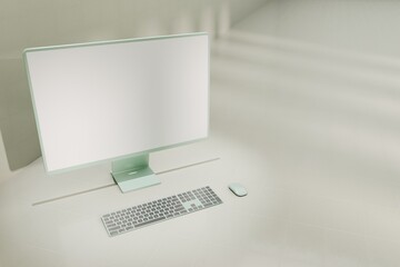 Mockup green desktop computer on light green tile floor. White blank screen for template material.