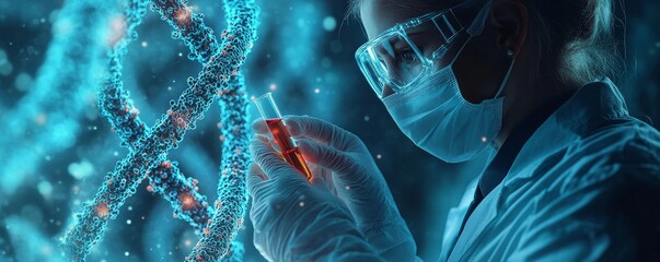 scientist holding medical testing tubes or vials of medical pharmaceutical research with blood cells and virus cure using DNA genome sequencing biotechnology as wide banner