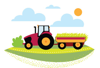 A tractor is driving through a rural field, transporting a crop.