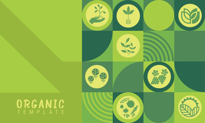 Natural banner design featuring agricultural icons of farm products.