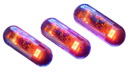 cybernetic capsules with circuitry on white background.