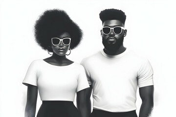Photo Portrait of a Stylish Black Couple Wearing Sunglasses on a White Background