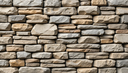 Obraz premium Create a high-resolution, realistic texture of a stacked stone wall composed of various natural stones in earthy tones, including brown, gray, and beige. 
