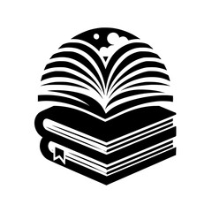 A stylized black and white illustration features two stacked books, with the top one's pages open, revealing a symbolic starry night sky, suggesting knowledge.