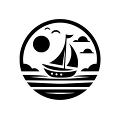 A circular stylized illustration of a sailboat navigating calm waters at sunset or sunrise, framed by a sun, clouds, and birds in a minimalist, nautical style.