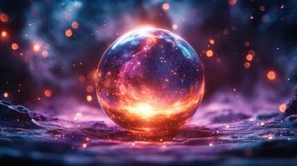 Glowing orb on dark surface with sparks.