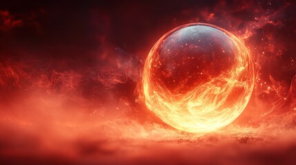 Fototapeta premium Fiery sphere engulfed in flames and smoke against a dark red background.