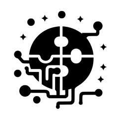 Intricate Black and White Digital Icon: A Circular Puzzle Piece with Circuitry and Stellar Embellishments, Representing Connectivity and Innovation.