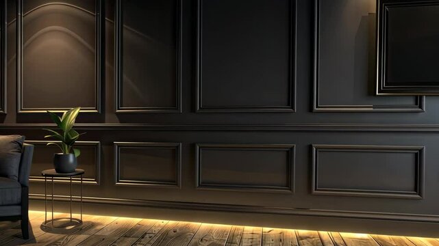 Dark paneling and elegant lighting create a sophisticated ambiance in this modern living area with sleek furnishings and plants