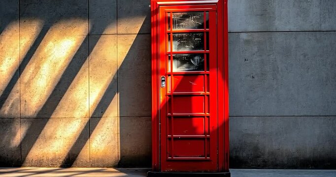 Red telephone booth against a concrete wall bathed in sunlight.