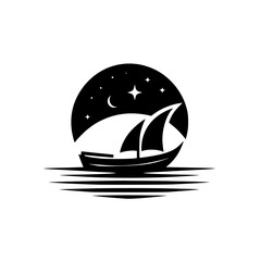 A stylized, black and white logo featuring a sailboat at sea beneath a starry night sky, enclosed within a circular frame.