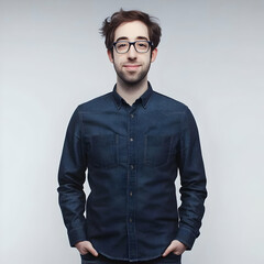 Obraz premium Photo Portrait Of A Young Man With Glasses In A Denim Shirt On White Background
