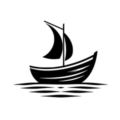Simple, black and white nautical illustration depicting a small sailboat with a curved hull and billowing sail gliding over calm, stylized water.