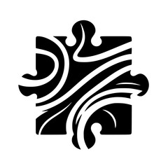 A stylized black and white puzzle piece, showcasing elegant swirling patterns within a square, symbolizing complexity and integration.