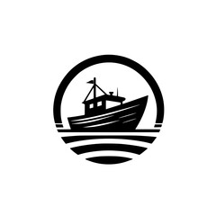 Minimalist Black and White Boat Icon Inside a Circle, Suggesting Nautical Themes, Sea, and Fishing.