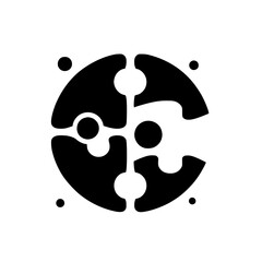 Abstract black and white logo featuring a circular jigsaw puzzle composed of four interlocking pieces, with added circular accents, set against a clean white background.