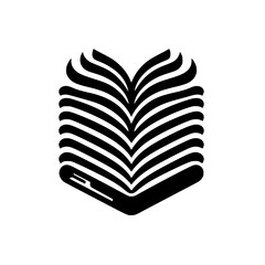 A stylized black and white logo of an open book, with abstract page representation evoking knowledge and learning.