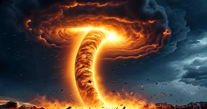 Fiery tornado destroying a city.