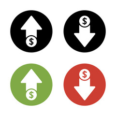 Dollar price up and down icon on circle background. USD currency growth and decline sign symbol