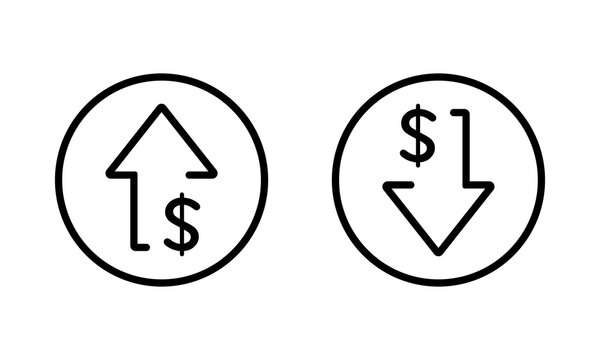 Dollar arrow up and down icon circle line. USD currency growth and decline sign symbol
