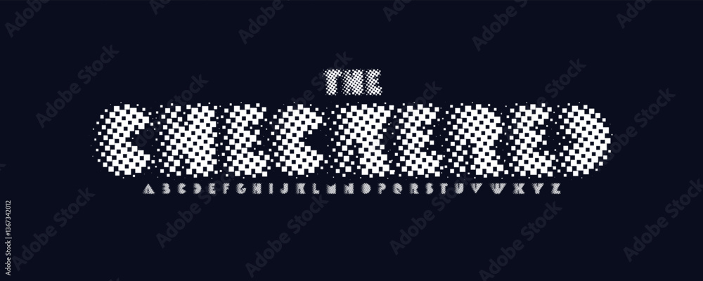 Poster retro pixelated font, bold checkerboard style letters, experimental pixel alphabet for game headline